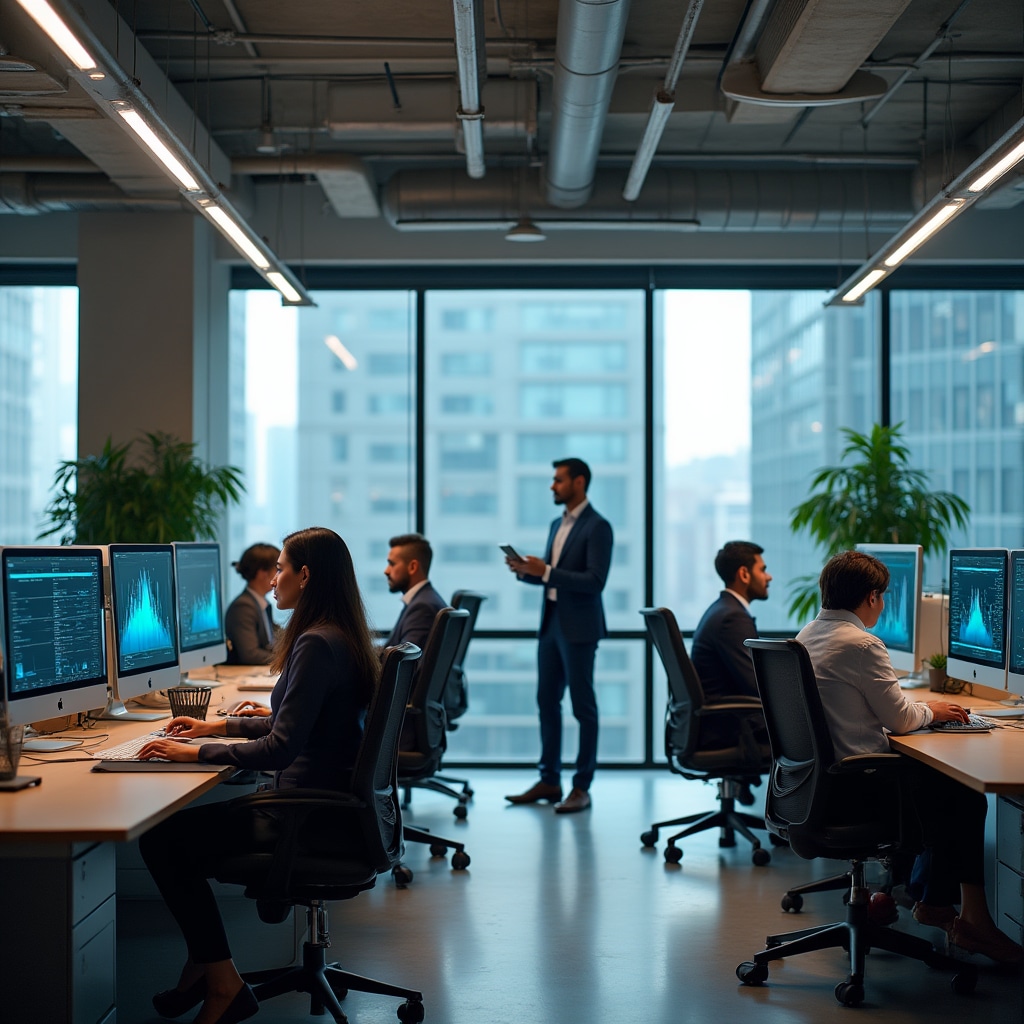 Professional office workspace with computers, lighting, and climate control systems