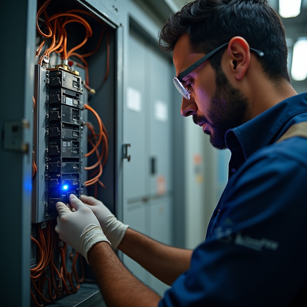 Professional technician installing energy monitoring sensor on electrical panel