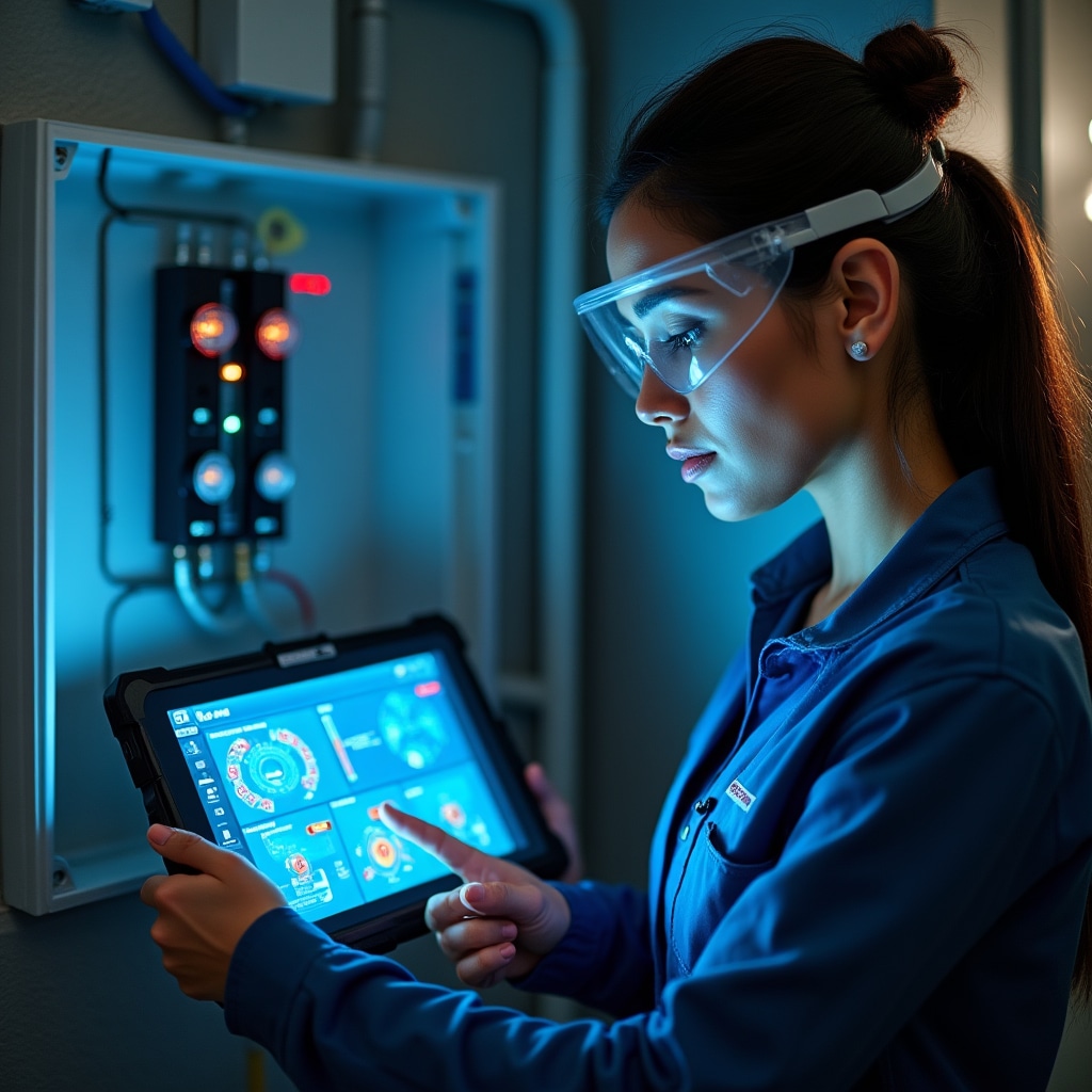 Technician configuring smart energy monitoring system on tablet device